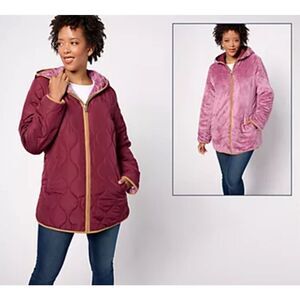 Susan Graver Medium Reversible Quilted Fleece Hooded Jacket Cherry Orchid *READ